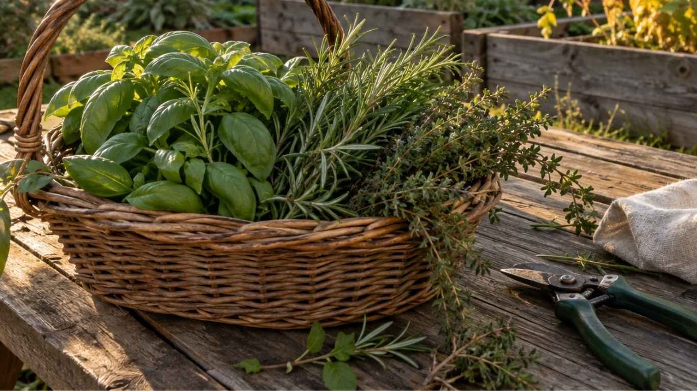 Fűszernövények ősszel: frissen szedett bazsalikom, rozmaring és kakukkfű egy kosárban