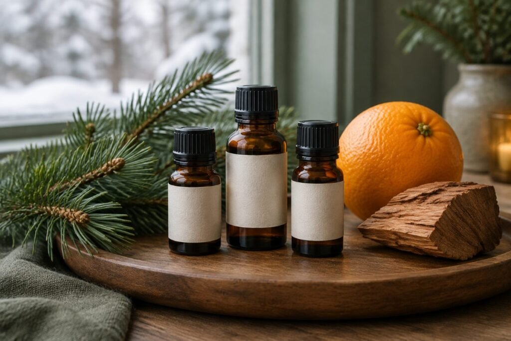 Illatrétegezés aroma diffúzorhoz: narancs, fenyő és cédrus illóolaj fenyőággal